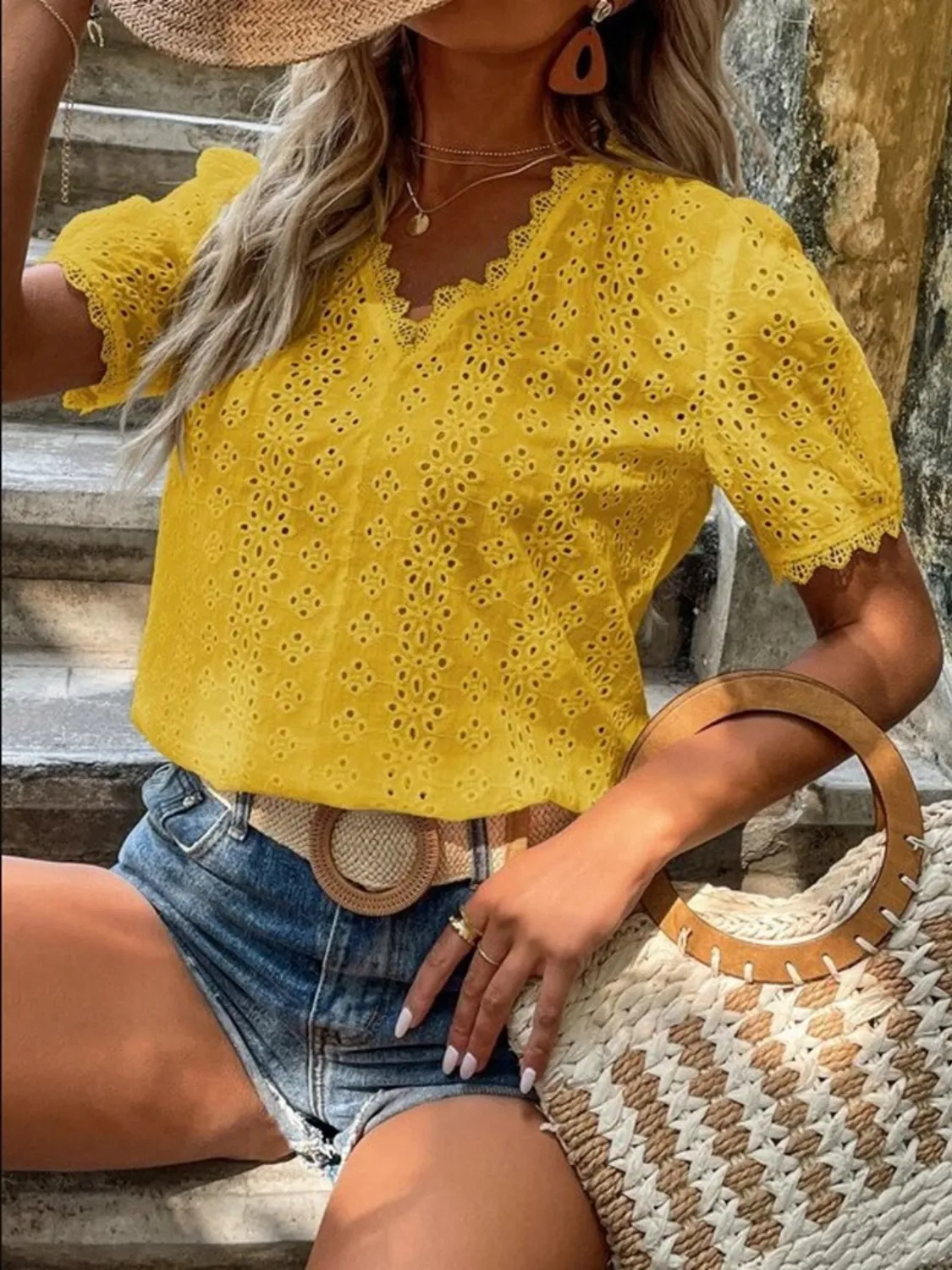 Full Size Lace Detail Eyelet V-Neck Short Sleeve Blouse Plus Size - Image 19