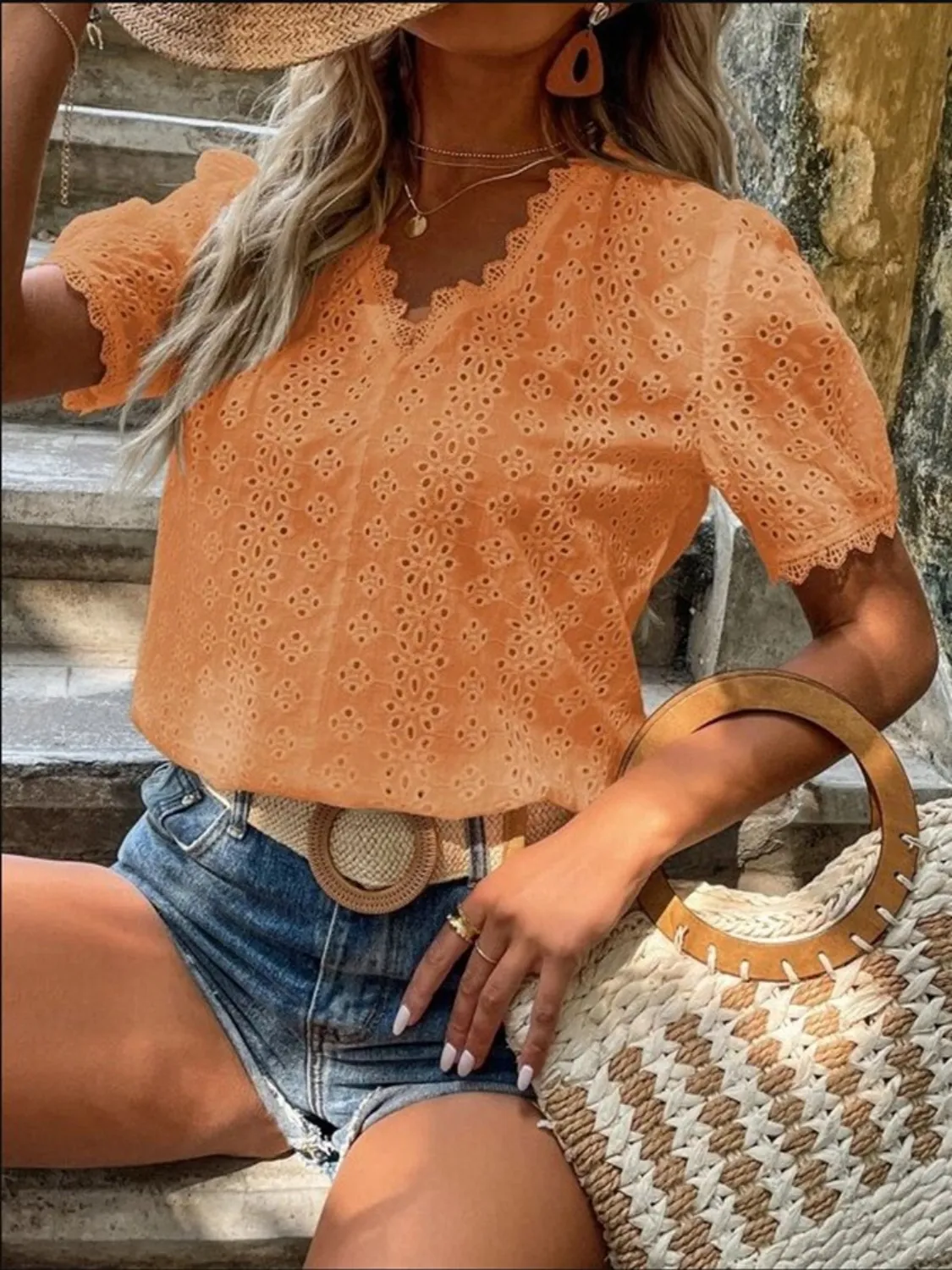 Full Size Lace Detail Eyelet V-Neck Short Sleeve Blouse Plus Size - Image 2