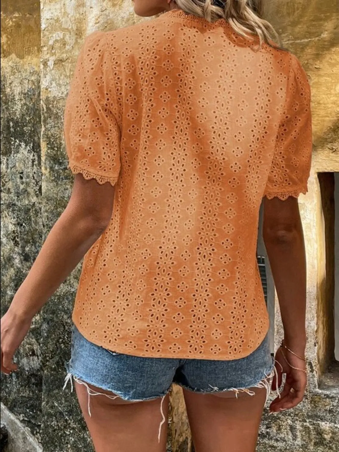 Full Size Lace Detail Eyelet V-Neck Short Sleeve Blouse Plus Size - Image 5