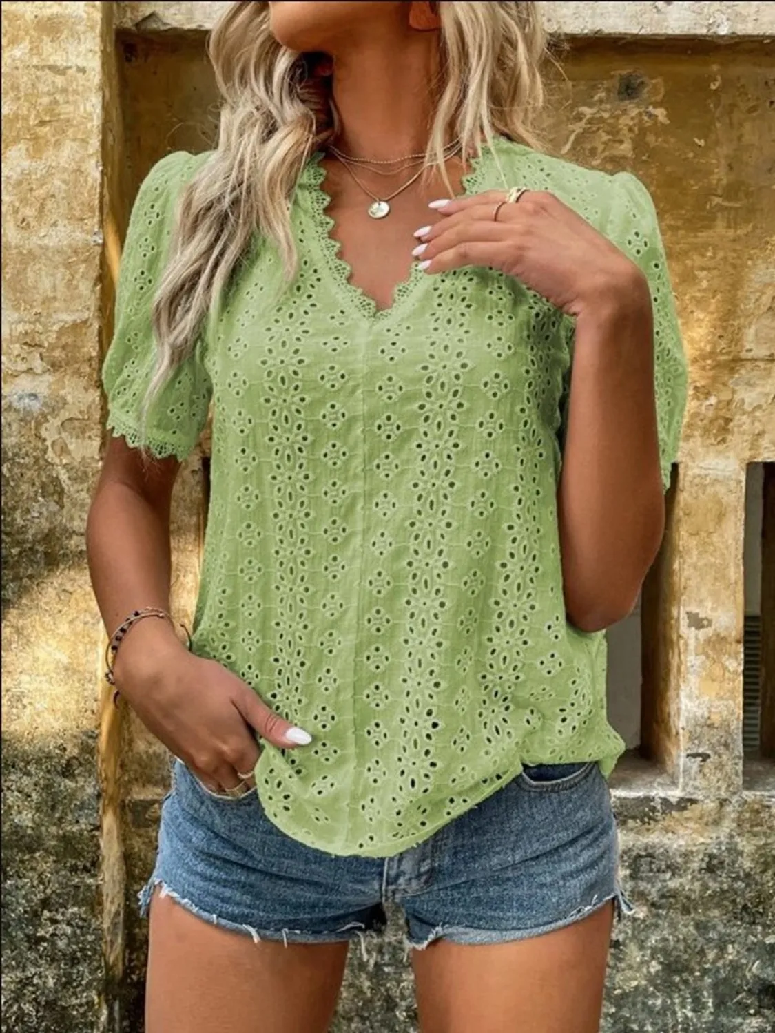 Full Size Lace Detail Eyelet V-Neck Short Sleeve Blouse Plus Size - Image 7