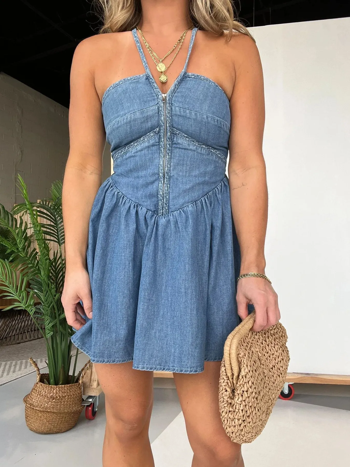 Full Size Lace Up Halter Neck Denim Dress Plus Size - Image 4