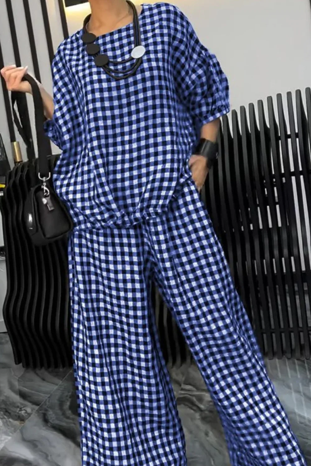 Full Size Plaid Round Neck Half Sleeve Top and Pants Set - Image 4