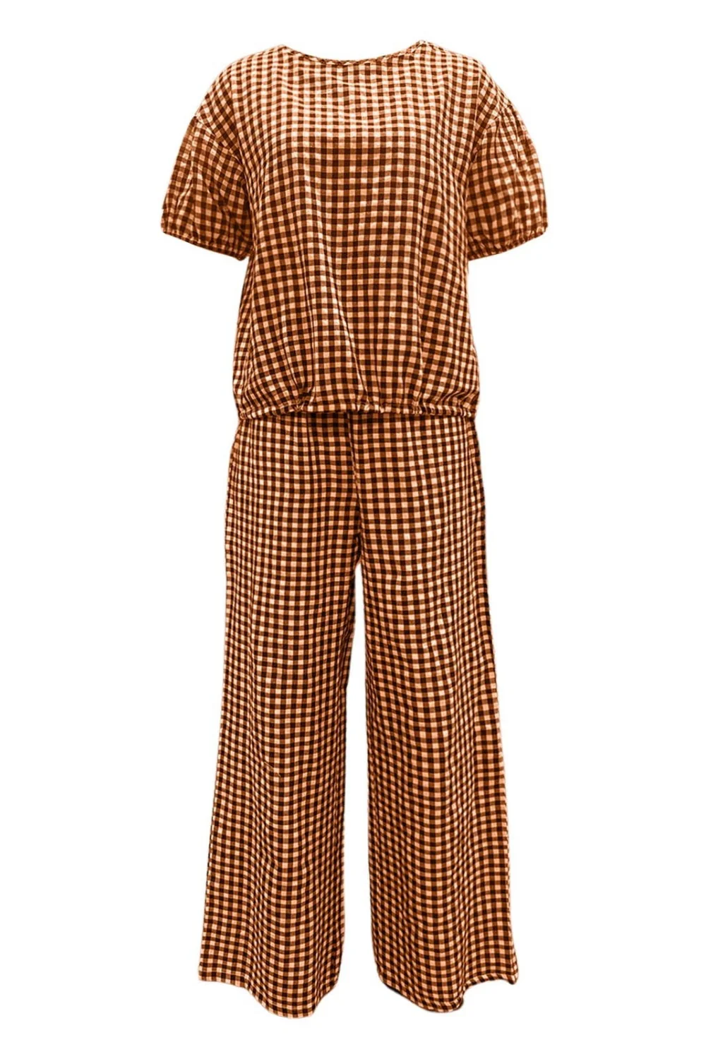 Full Size Plaid Round Neck Half Sleeve Top and Pants Set - Image 8