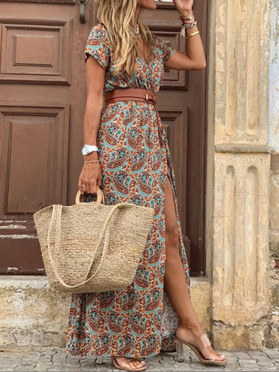 Full Size Printed V-Neck Short Sleeve Maxi Dress Plus Size - Image 2