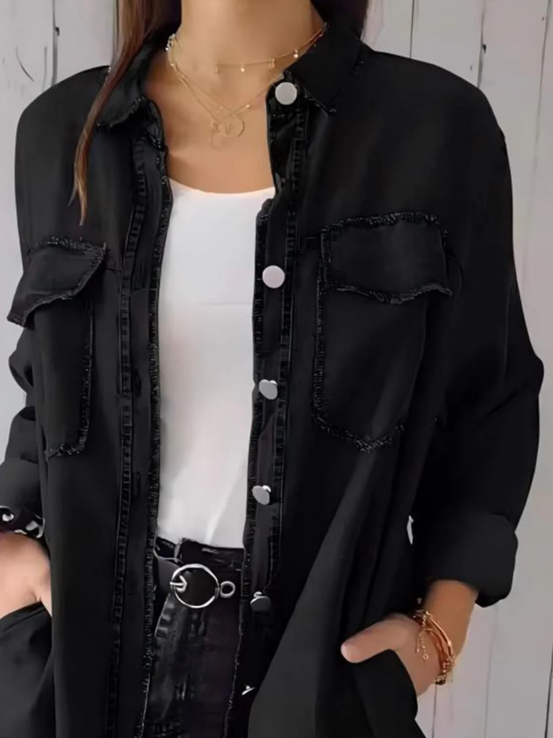 Full Size Raw Hem Button Up Long Sleeve Denim Top Plus Size - Image 10