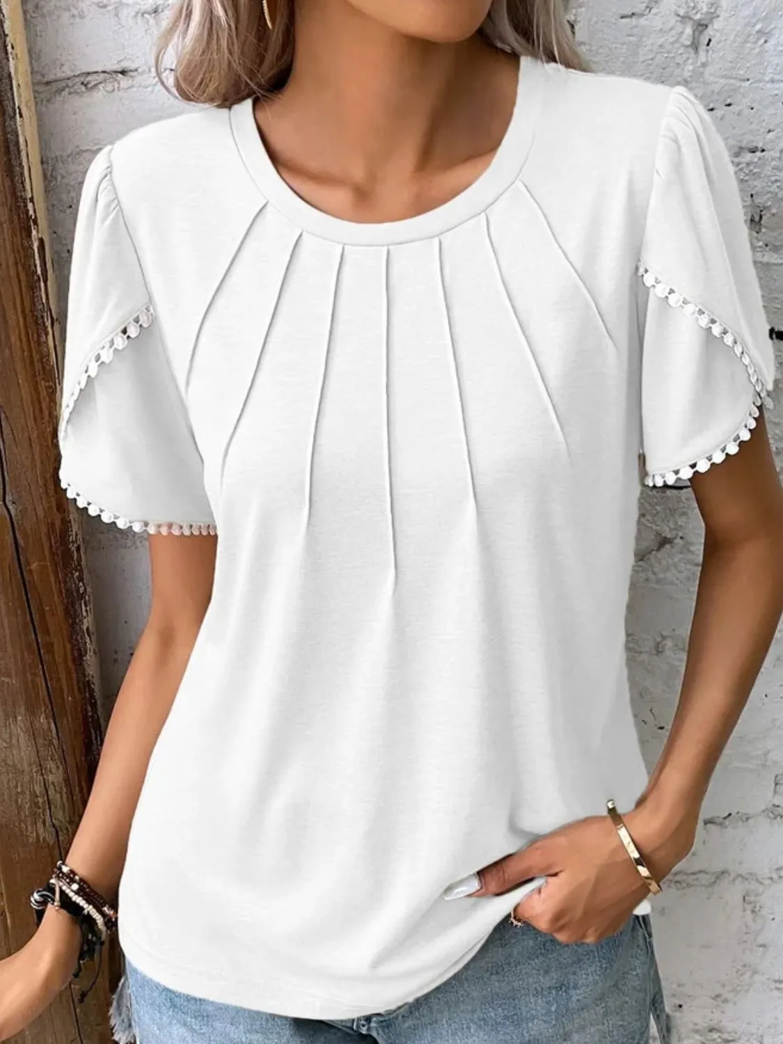 Full Size Round Neck Petal Sleeve Blouse Plus Size - Image 7