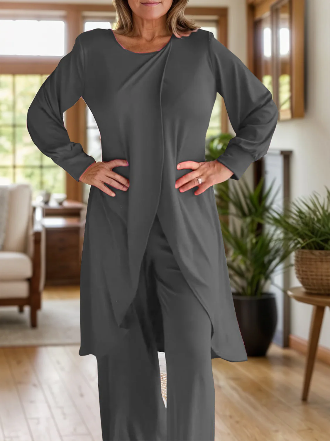 Full Size Slit Round Neck Long Sleeve Top and Pants Set - Image 12