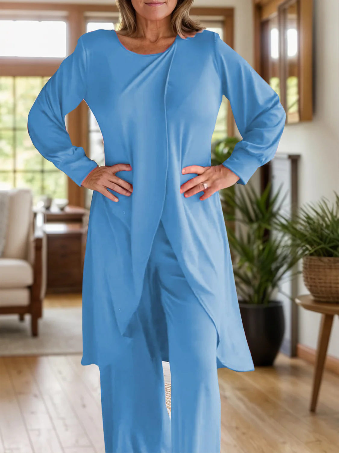 Full Size Slit Round Neck Long Sleeve Top and Pants Set - Image 15