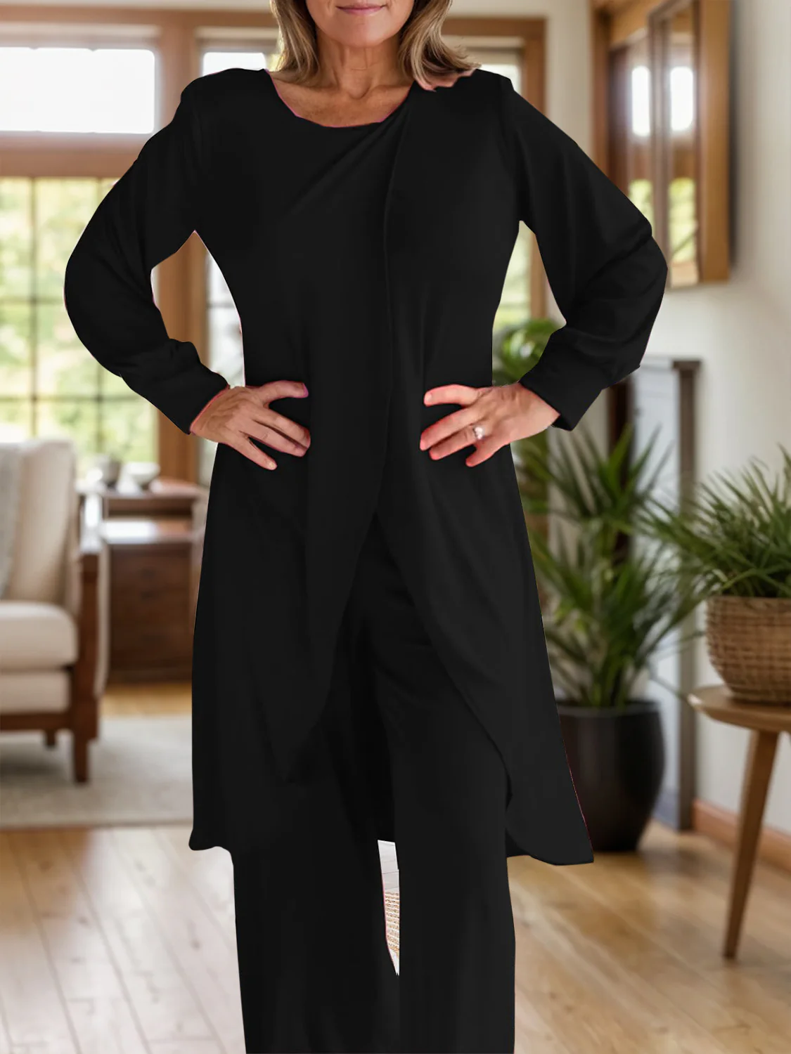 Full Size Slit Round Neck Long Sleeve Top and Pants Set - Image 16