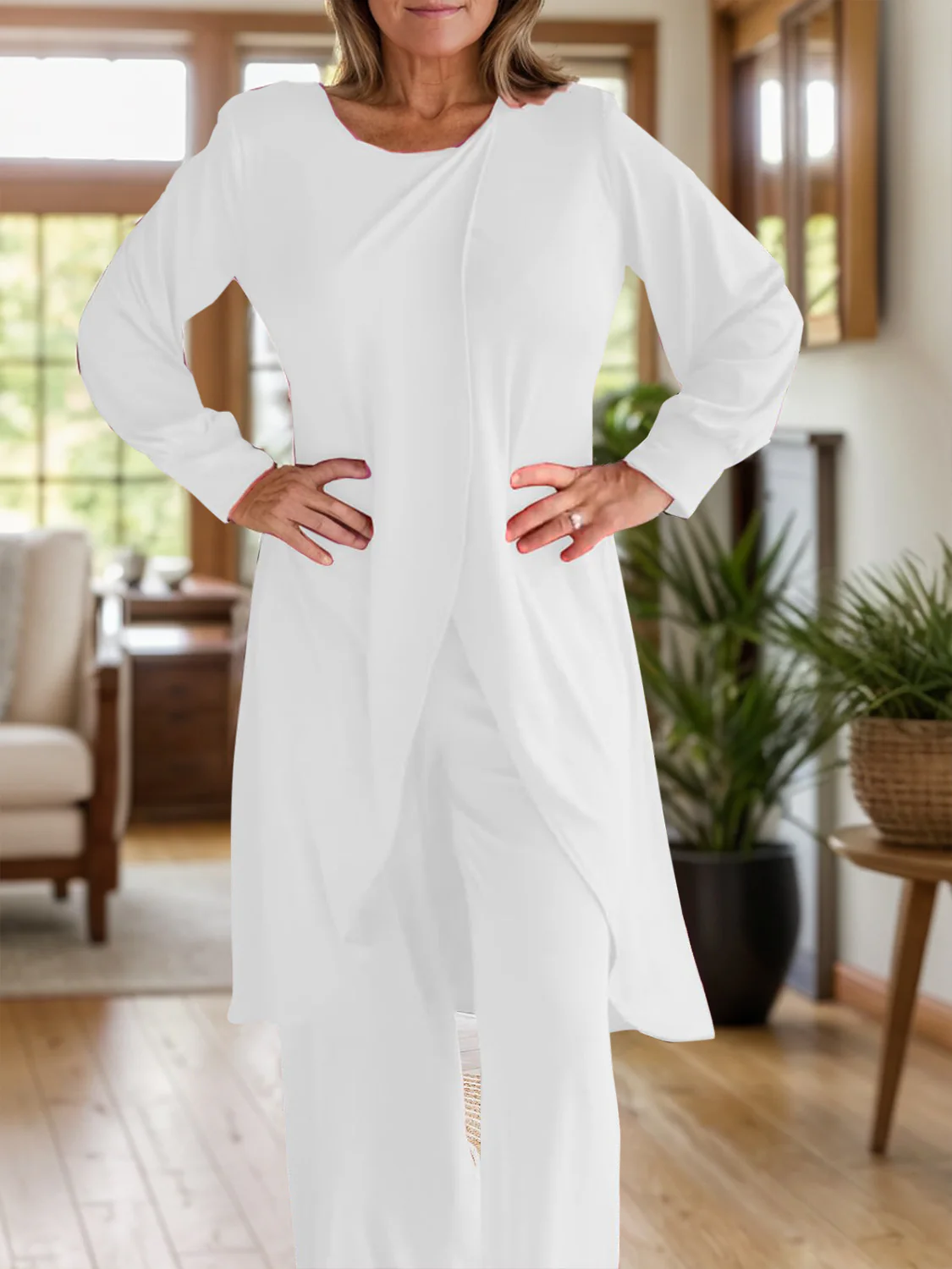 Full Size Slit Round Neck Long Sleeve Top and Pants Set - Image 21