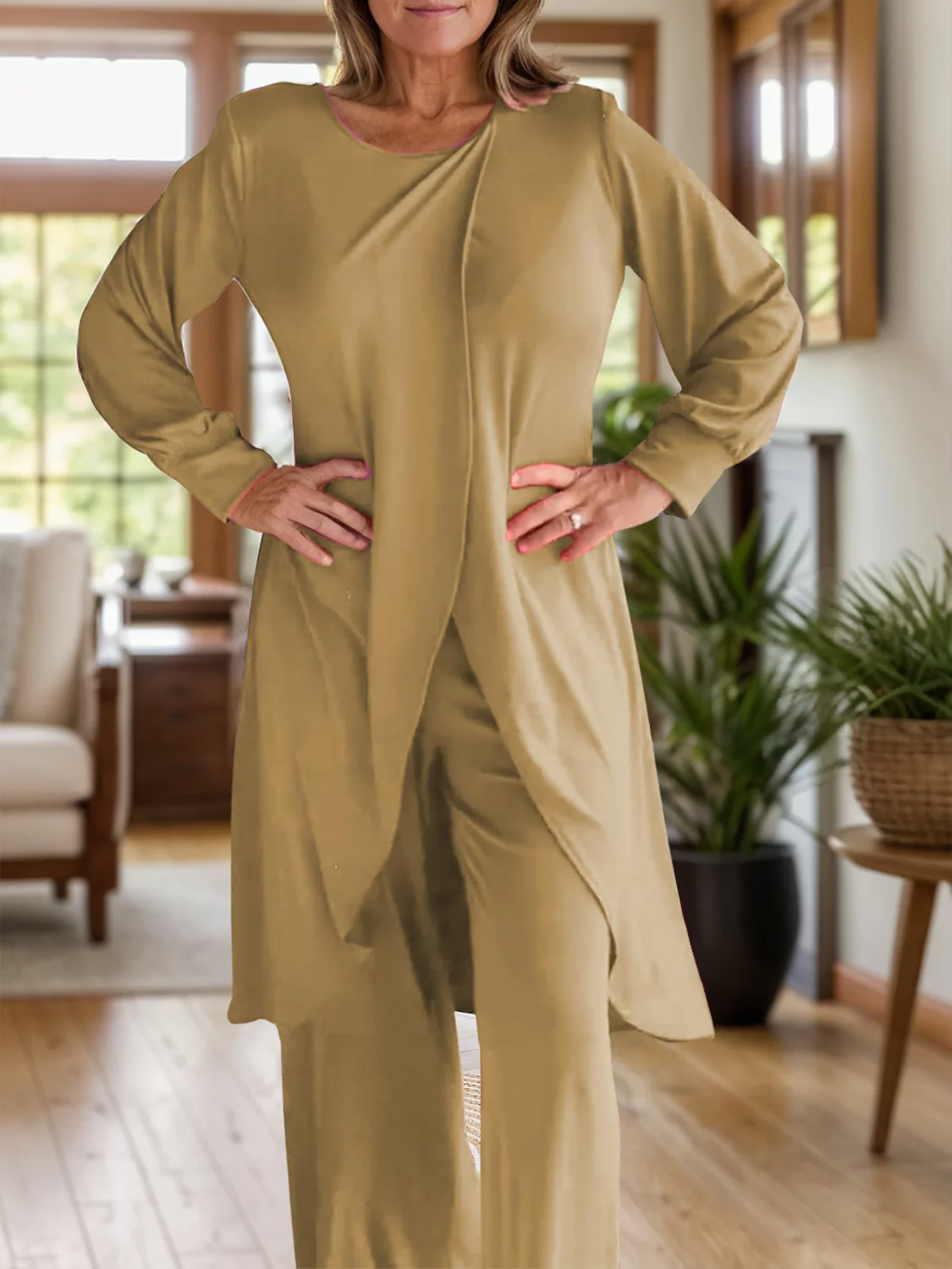 Full Size Slit Round Neck Long Sleeve Top and Pants Set - Image 23