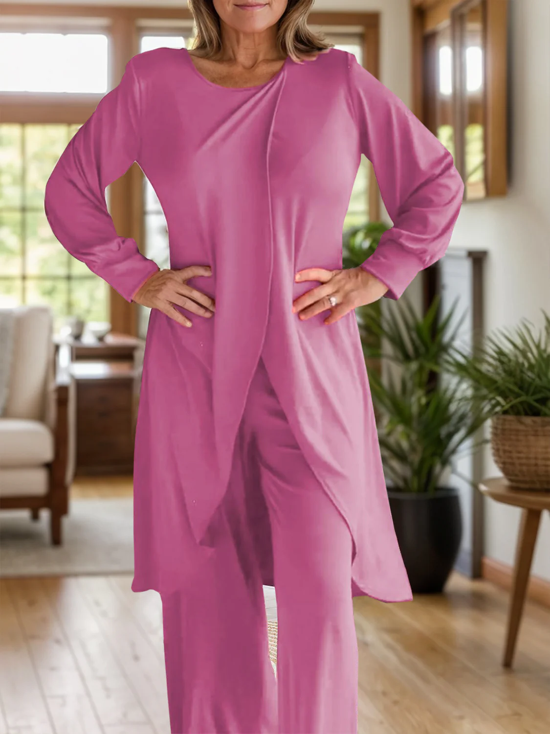 Full Size Slit Round Neck Long Sleeve Top and Pants Set - Image 25