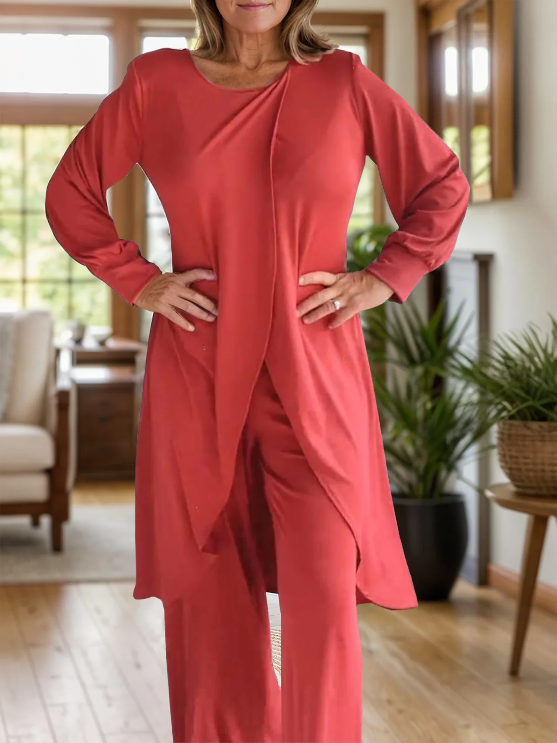 Full Size Slit Round Neck Long Sleeve Top and Pants Set - Image 3