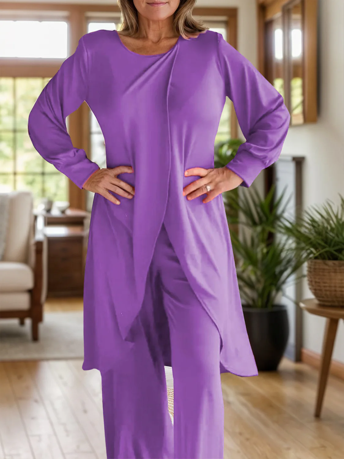 Full Size Slit Round Neck Long Sleeve Top and Pants Set - Image 6