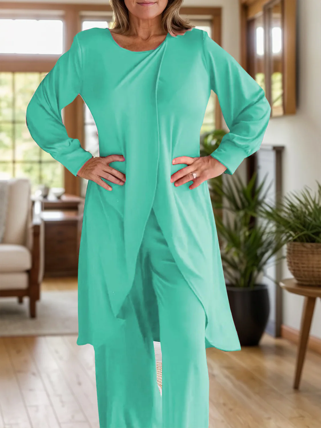 Full Size Slit Round Neck Long Sleeve Top and Pants Set - Image 7