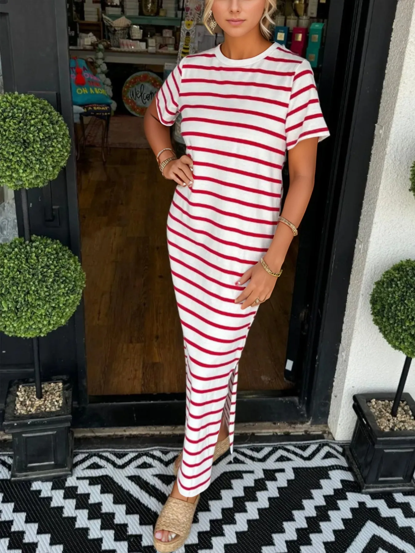 Full Size Striped T-Shirt Maxi Dress with Side Slit Plus Size