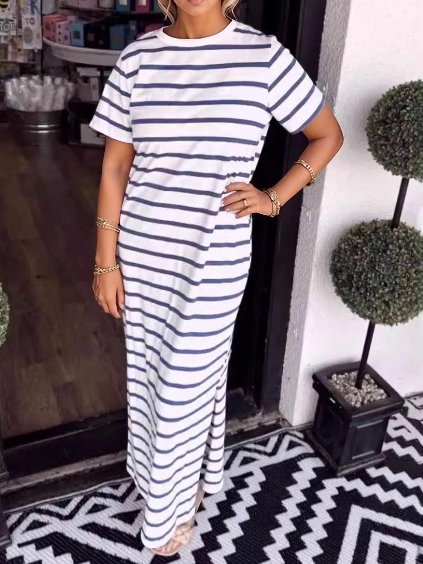 Full Size Striped T-Shirt Maxi Dress with Side Slit Plus Size - Image 4