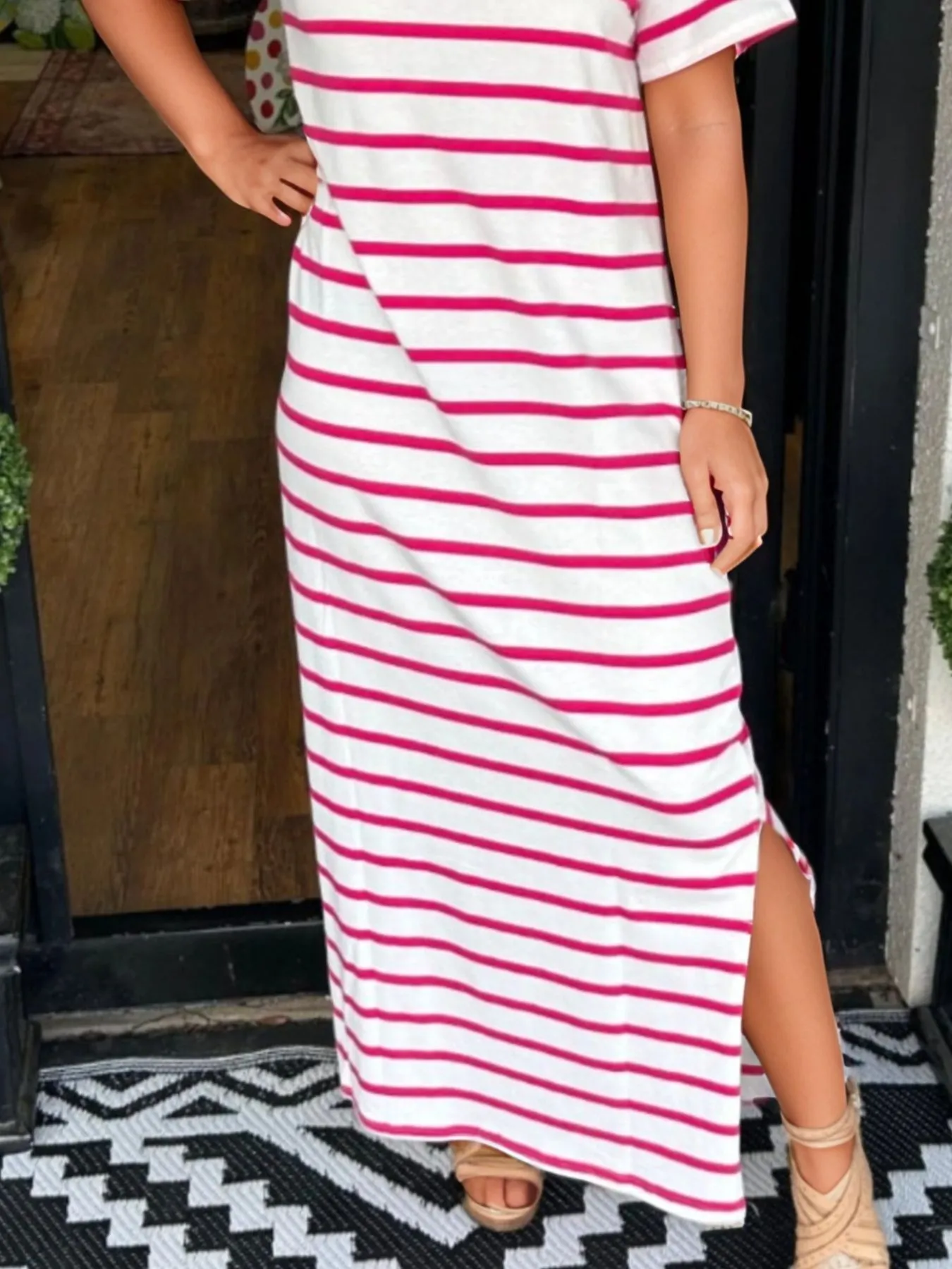 Full Size Striped T-Shirt Maxi Dress with Side Slit Plus Size - Image 9