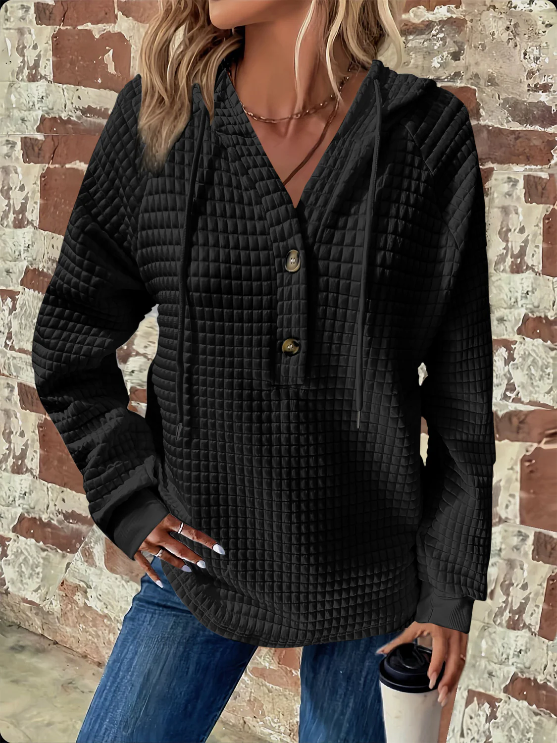 Full Size Texture Button Detail Drawstring Long Sleeve Hoodie - Image 11