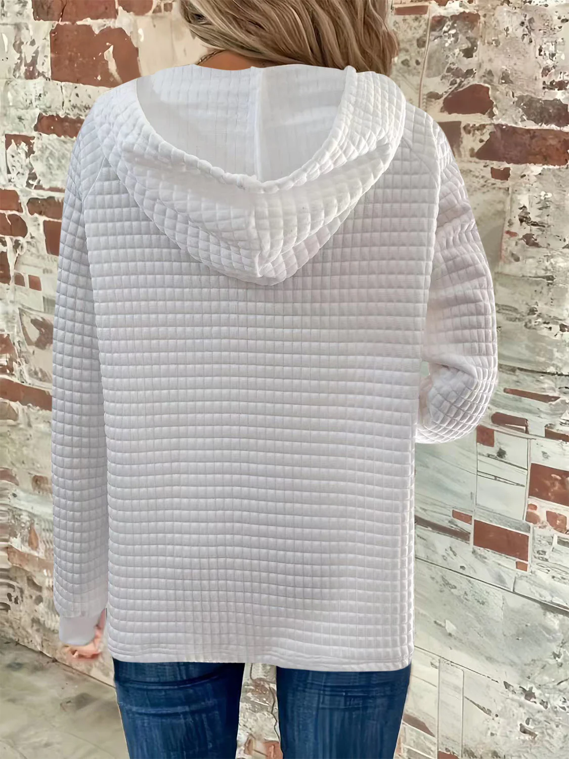 Full Size Texture Button Detail Drawstring Long Sleeve Hoodie - Image 3
