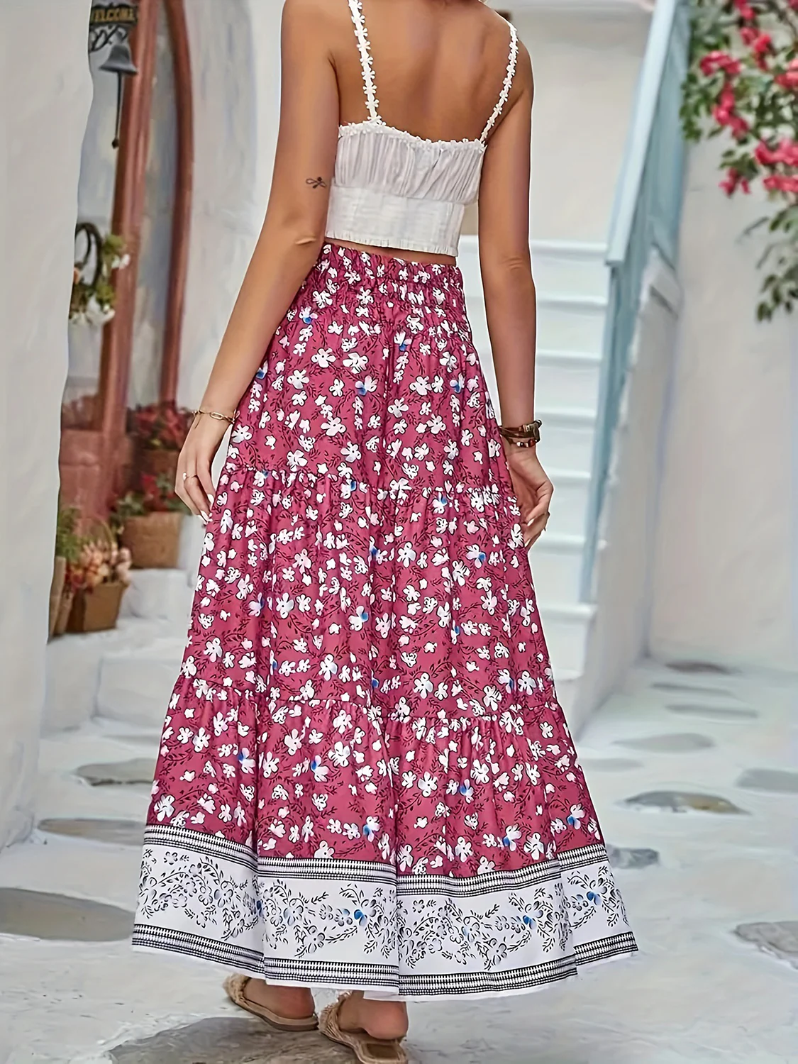 Full Size Tiered Printed Elastic Waist Skirt - Image 2