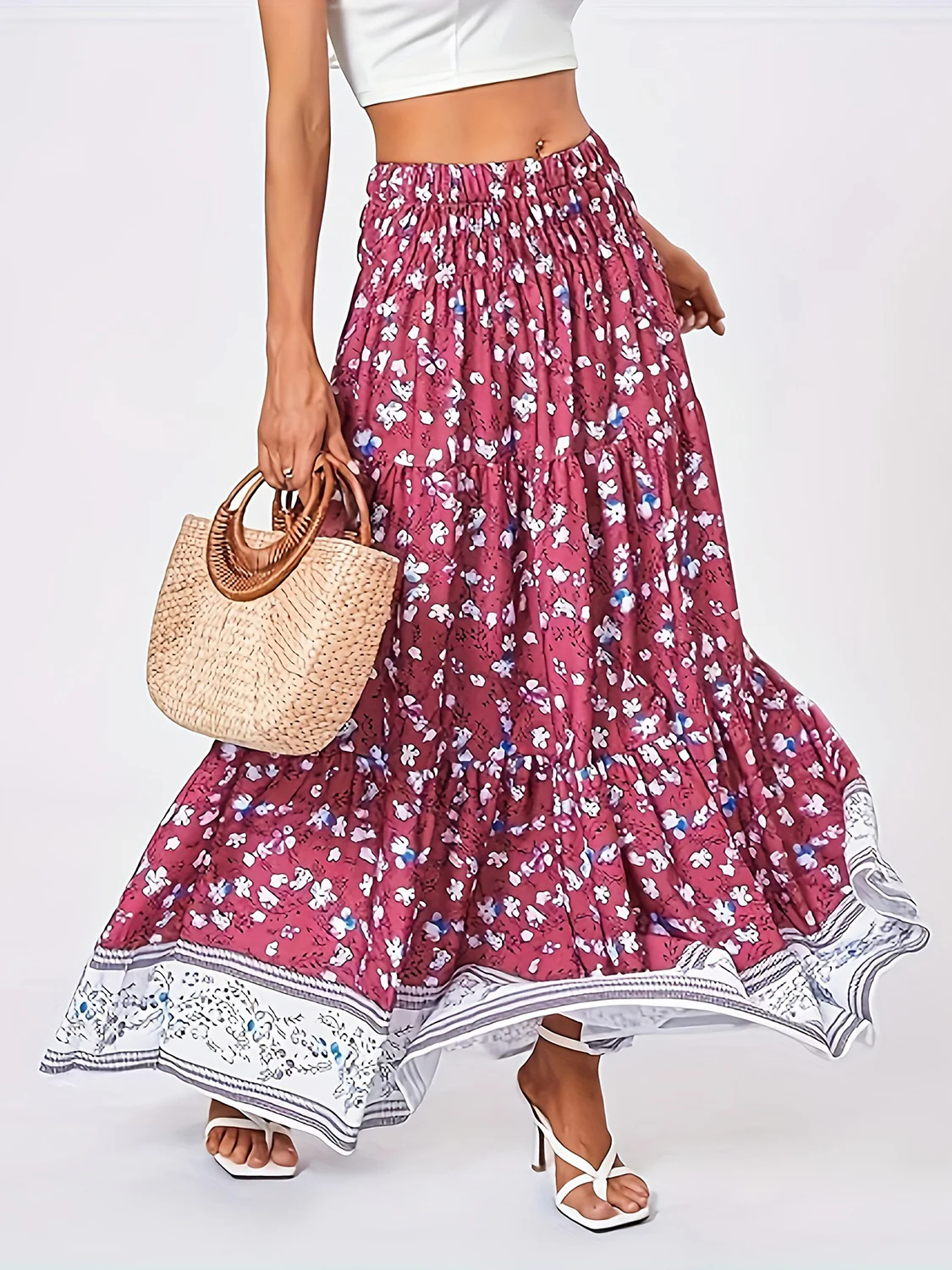 Full Size Tiered Printed Elastic Waist Skirt - Image 3