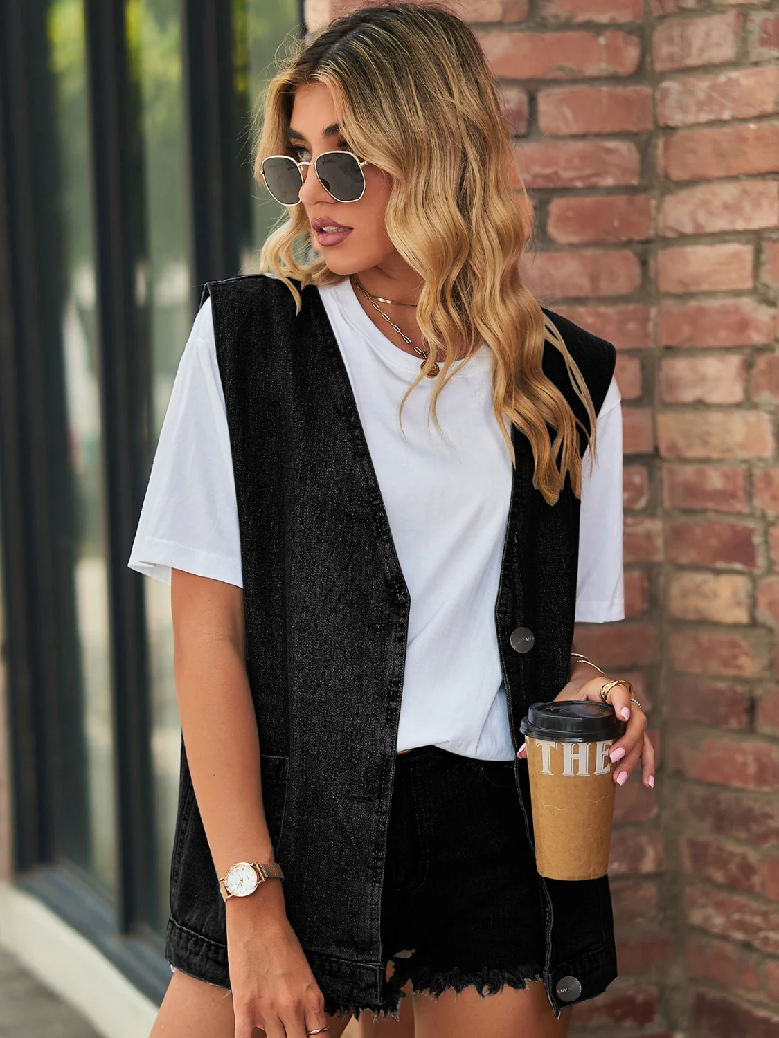 Full Size V-Neck Button Up Denim Vest - Image 6