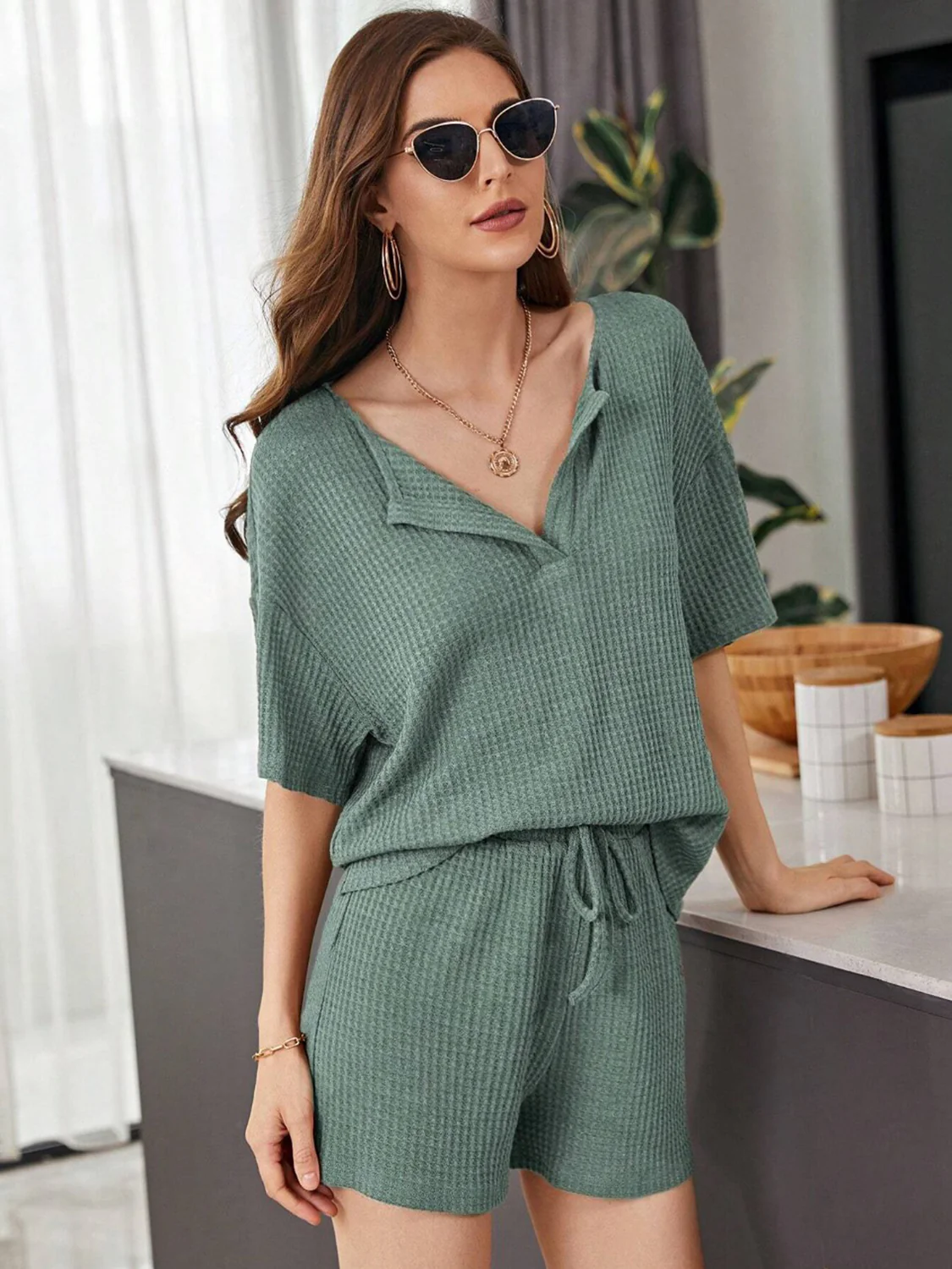 Full Size Waffle-Knit Dropped Shoulder Top and Shorts Set - Image 12
