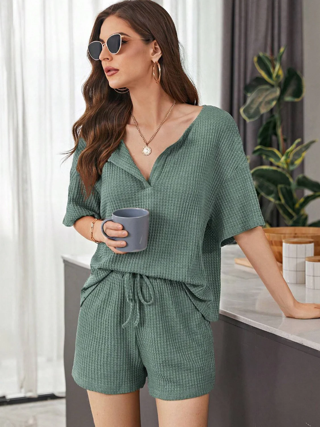 Full Size Waffle-Knit Dropped Shoulder Top and Shorts Set - Image 13