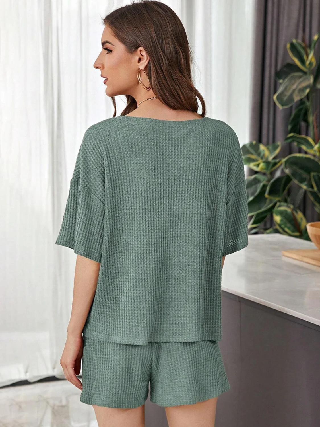 Full Size Waffle-Knit Dropped Shoulder Top and Shorts Set - Image 15