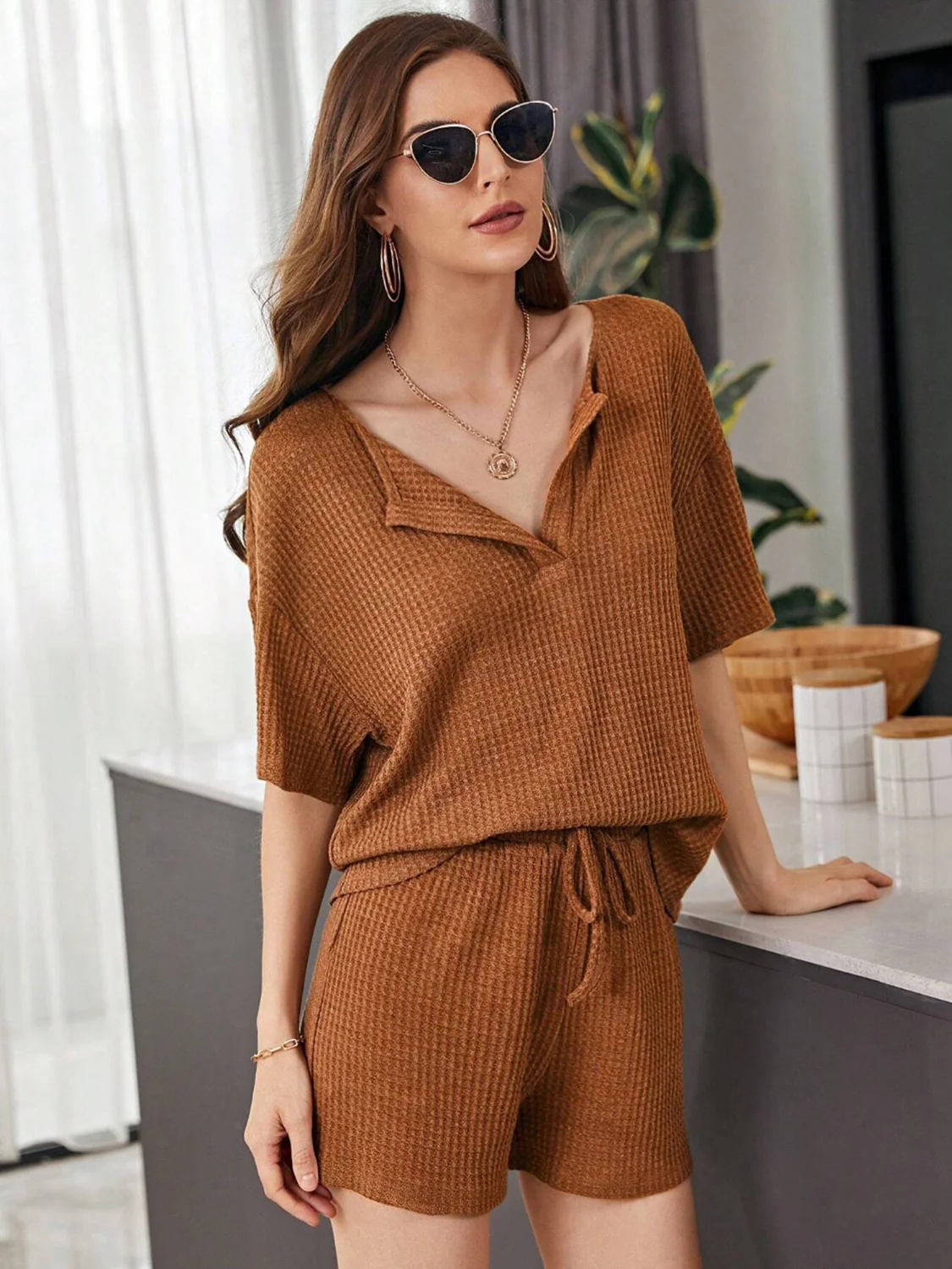 Full Size Waffle-Knit Dropped Shoulder Top and Shorts Set - Image 16