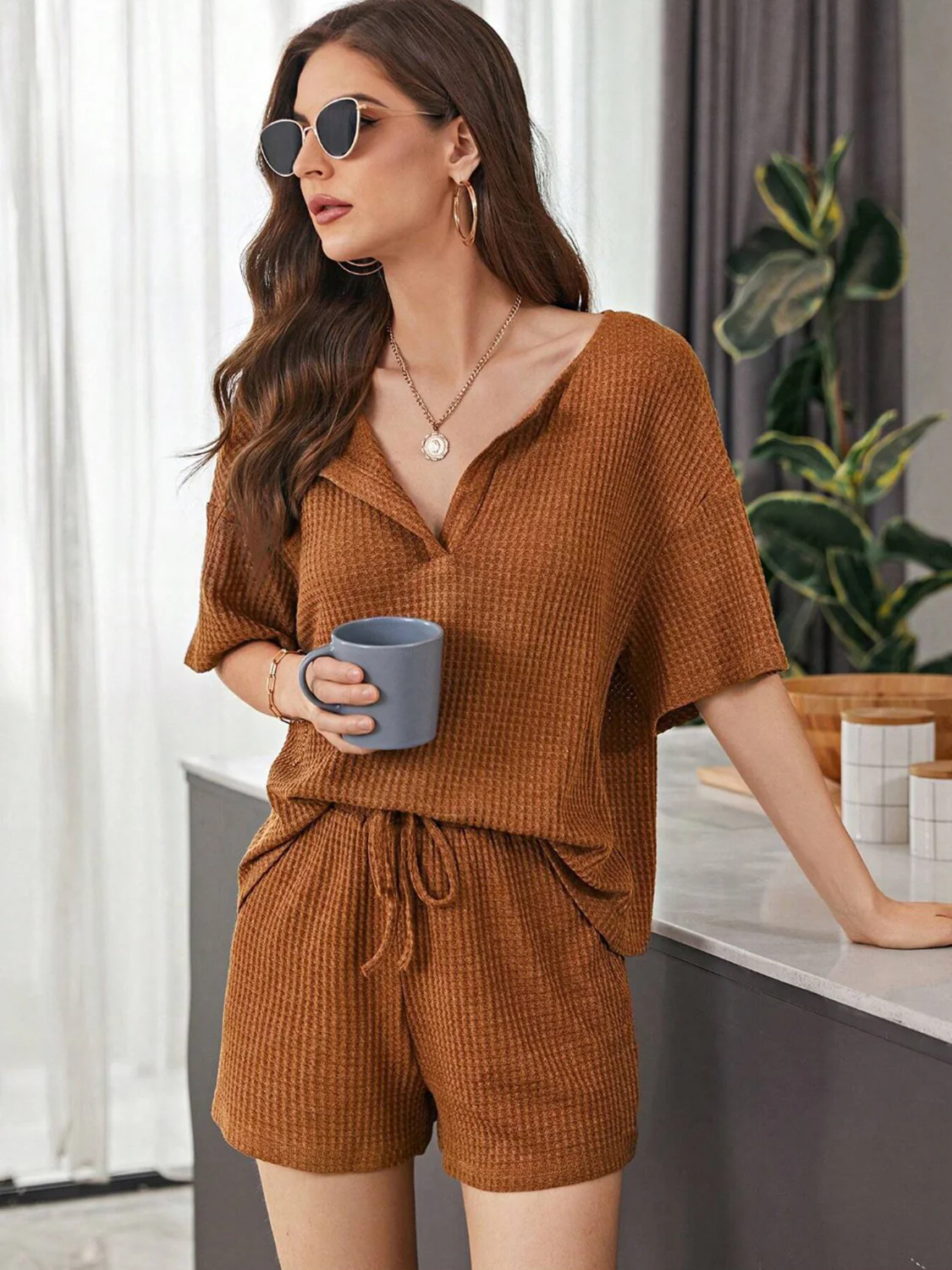 Full Size Waffle-Knit Dropped Shoulder Top and Shorts Set - Image 17