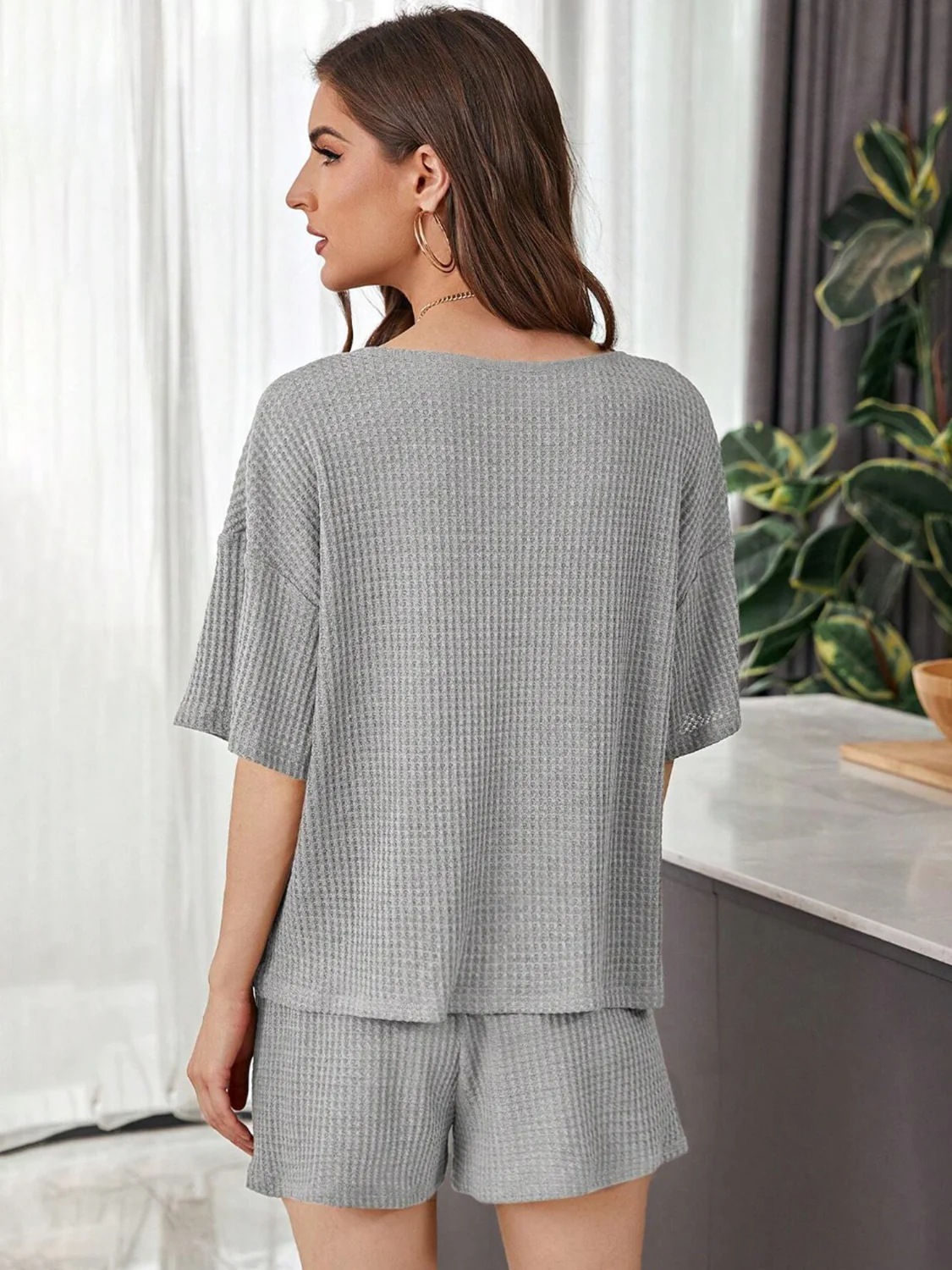 Full Size Waffle-Knit Dropped Shoulder Top and Shorts Set - Image 2