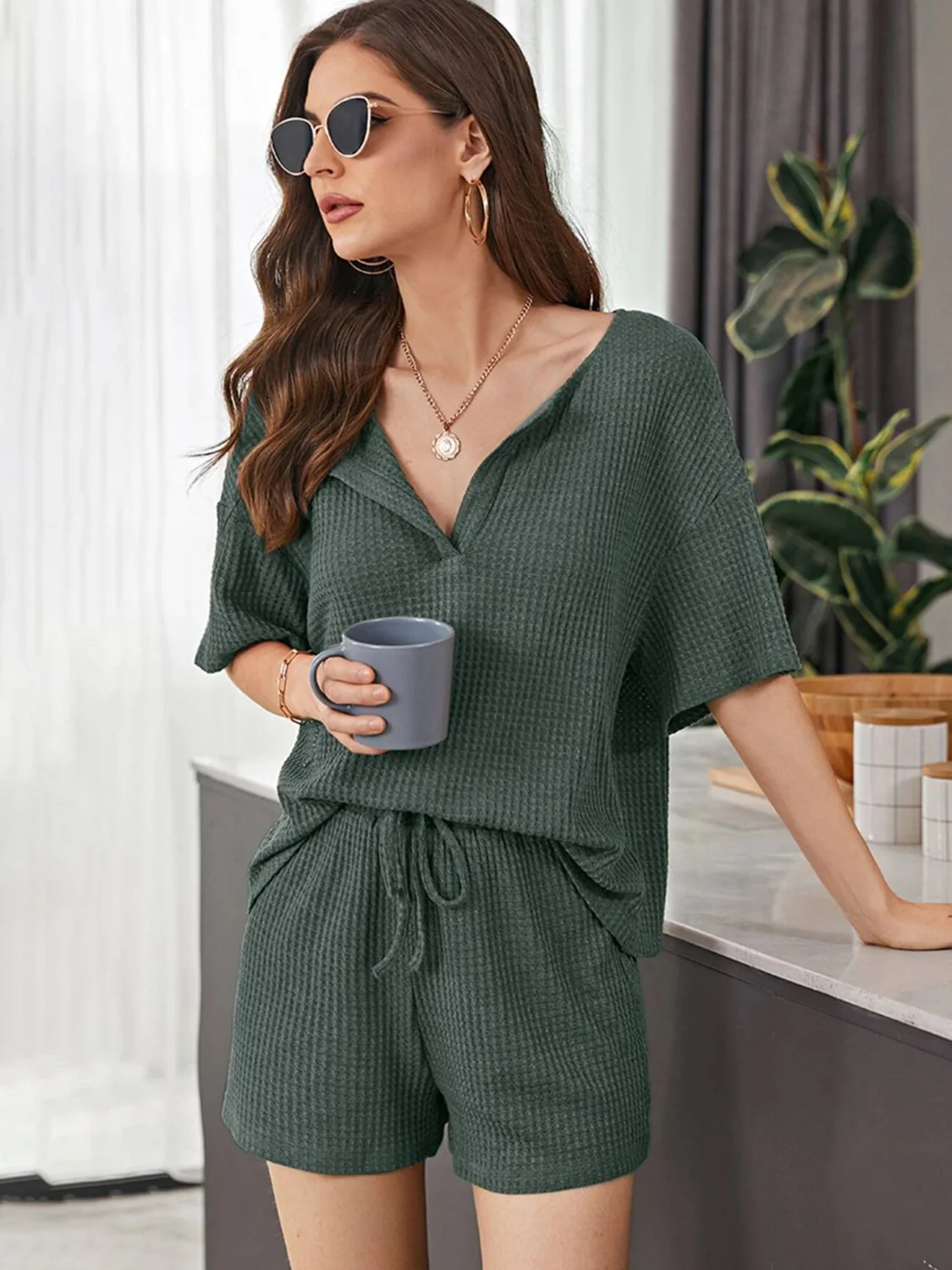 Full Size Waffle-Knit Dropped Shoulder Top and Shorts Set - Image 20
