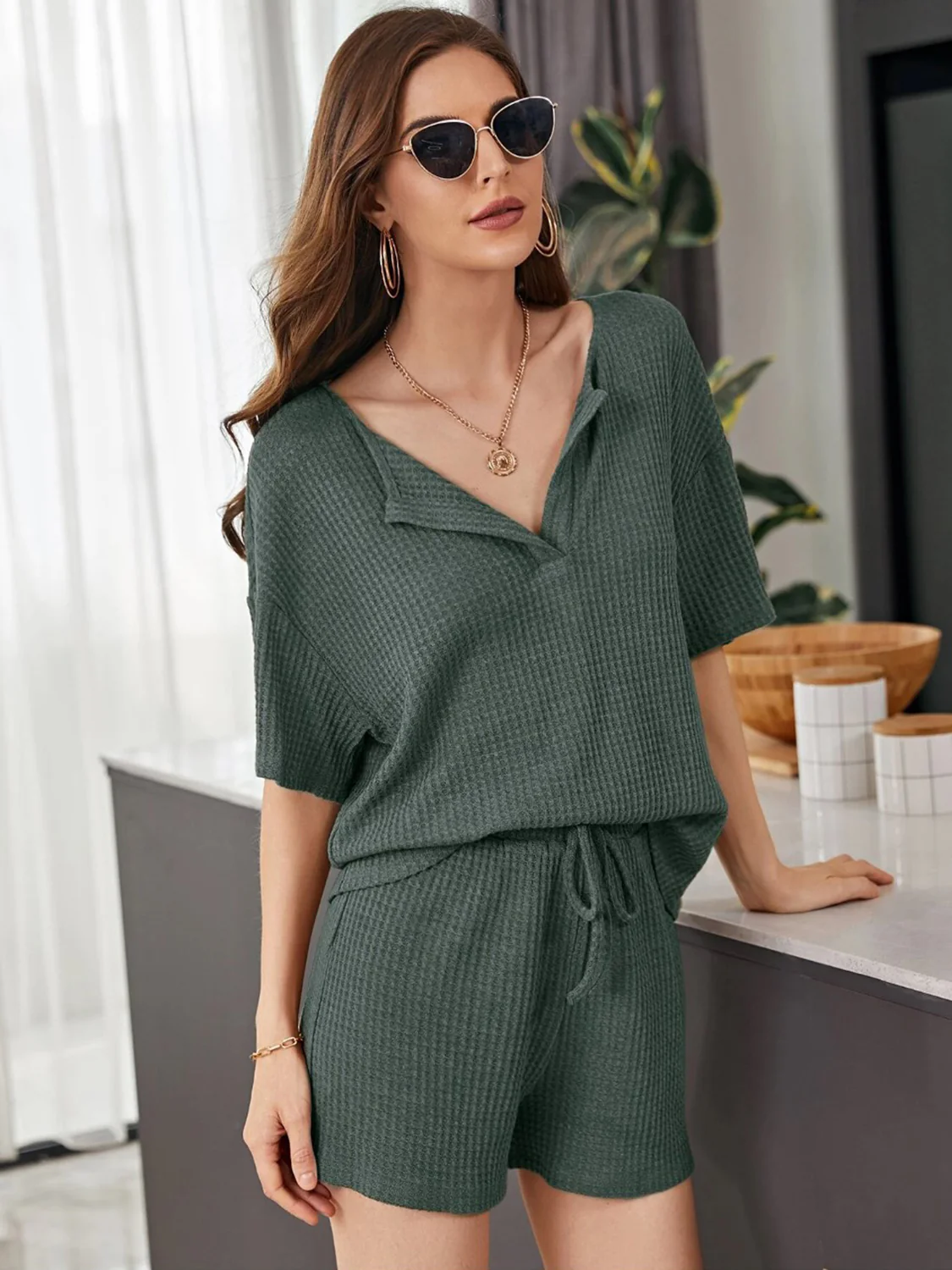 Full Size Waffle-Knit Dropped Shoulder Top and Shorts Set - Image 22