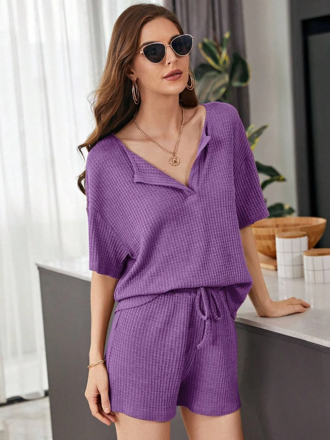 Full Size Waffle-Knit Dropped Shoulder Top and Shorts Set - Image 23