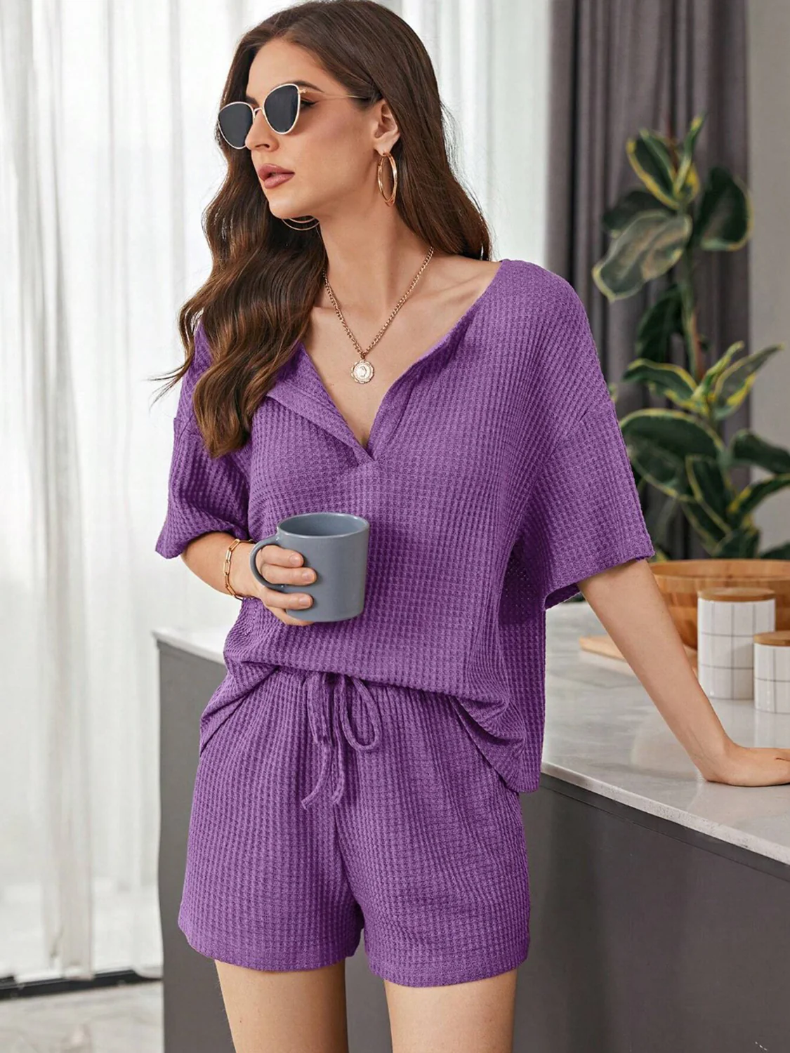 Full Size Waffle-Knit Dropped Shoulder Top and Shorts Set - Image 25