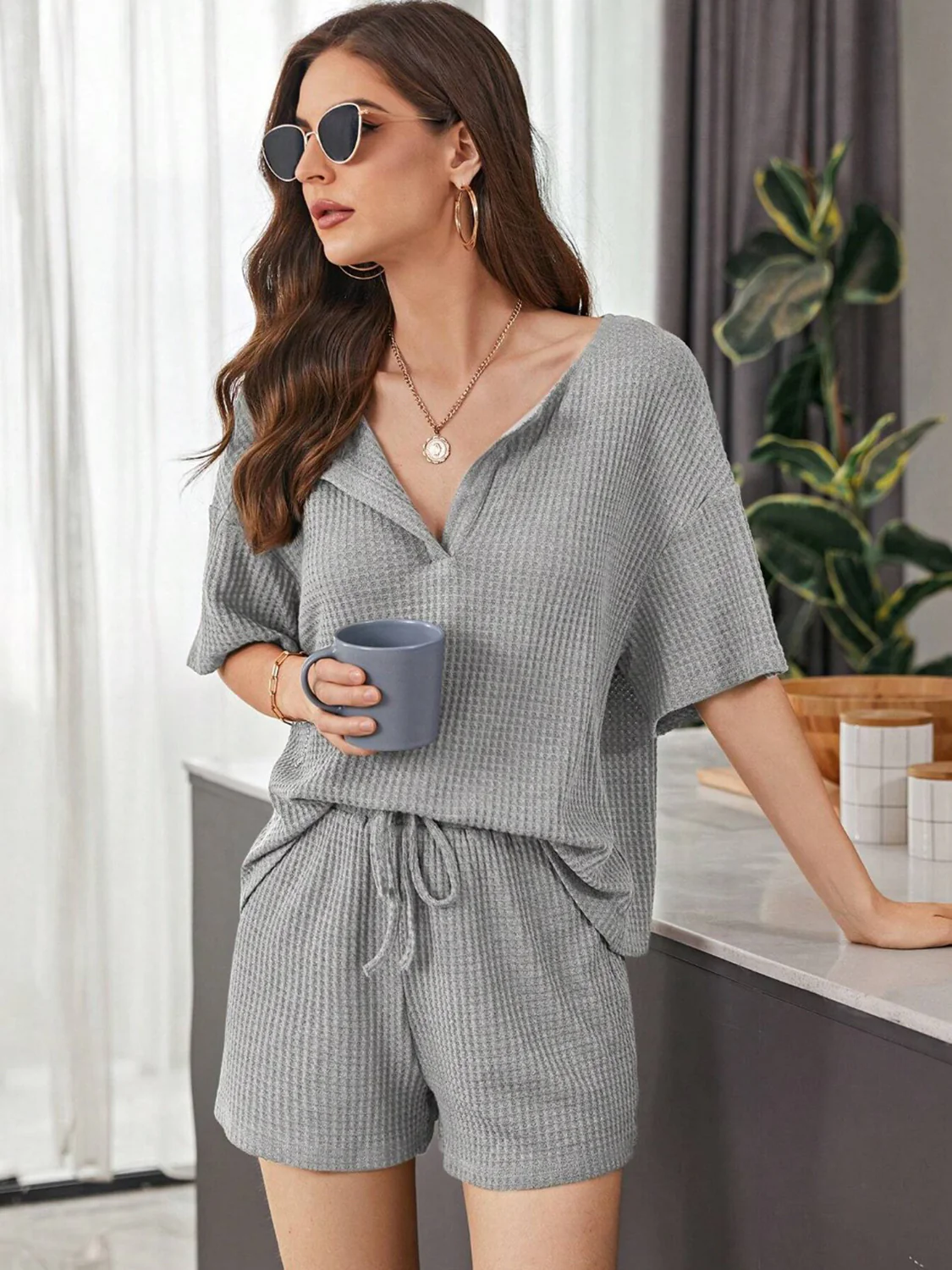 Full Size Waffle-Knit Dropped Shoulder Top and Shorts Set - Image 4