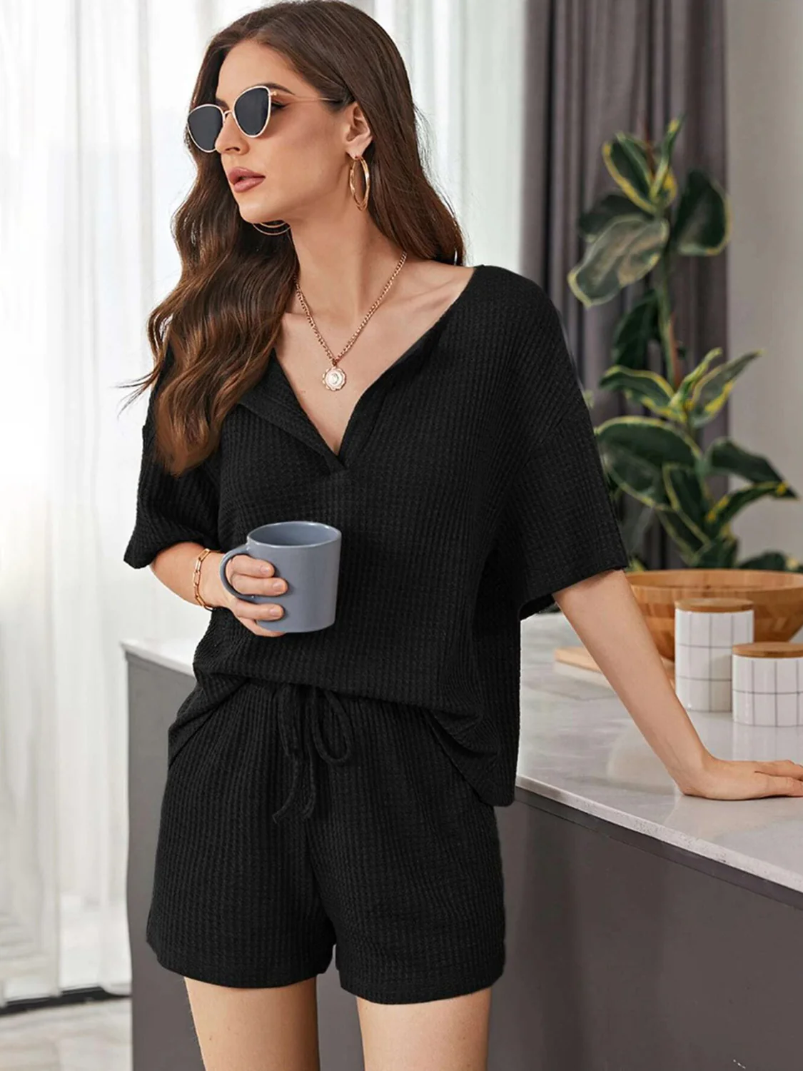 Full Size Waffle-Knit Dropped Shoulder Top and Shorts Set - Image 5