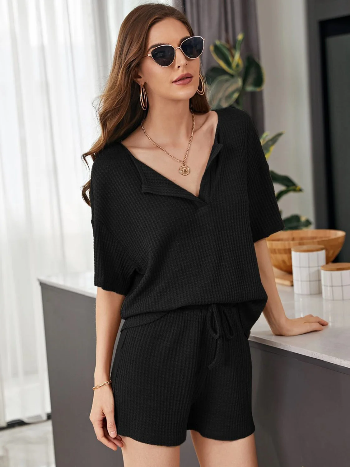 Full Size Waffle-Knit Dropped Shoulder Top and Shorts Set - Image 6