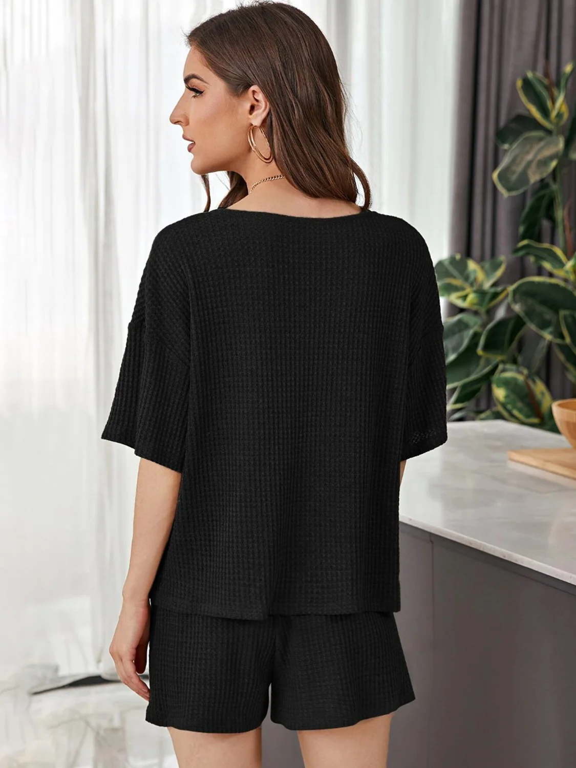 Full Size Waffle-Knit Dropped Shoulder Top and Shorts Set - Image 8