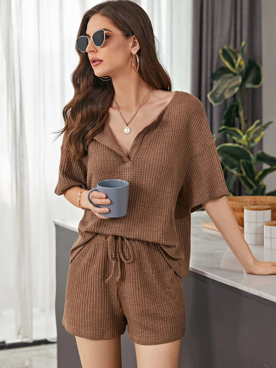 Full Size Waffle-Knit Dropped Shoulder Top and Shorts Set - Image 9