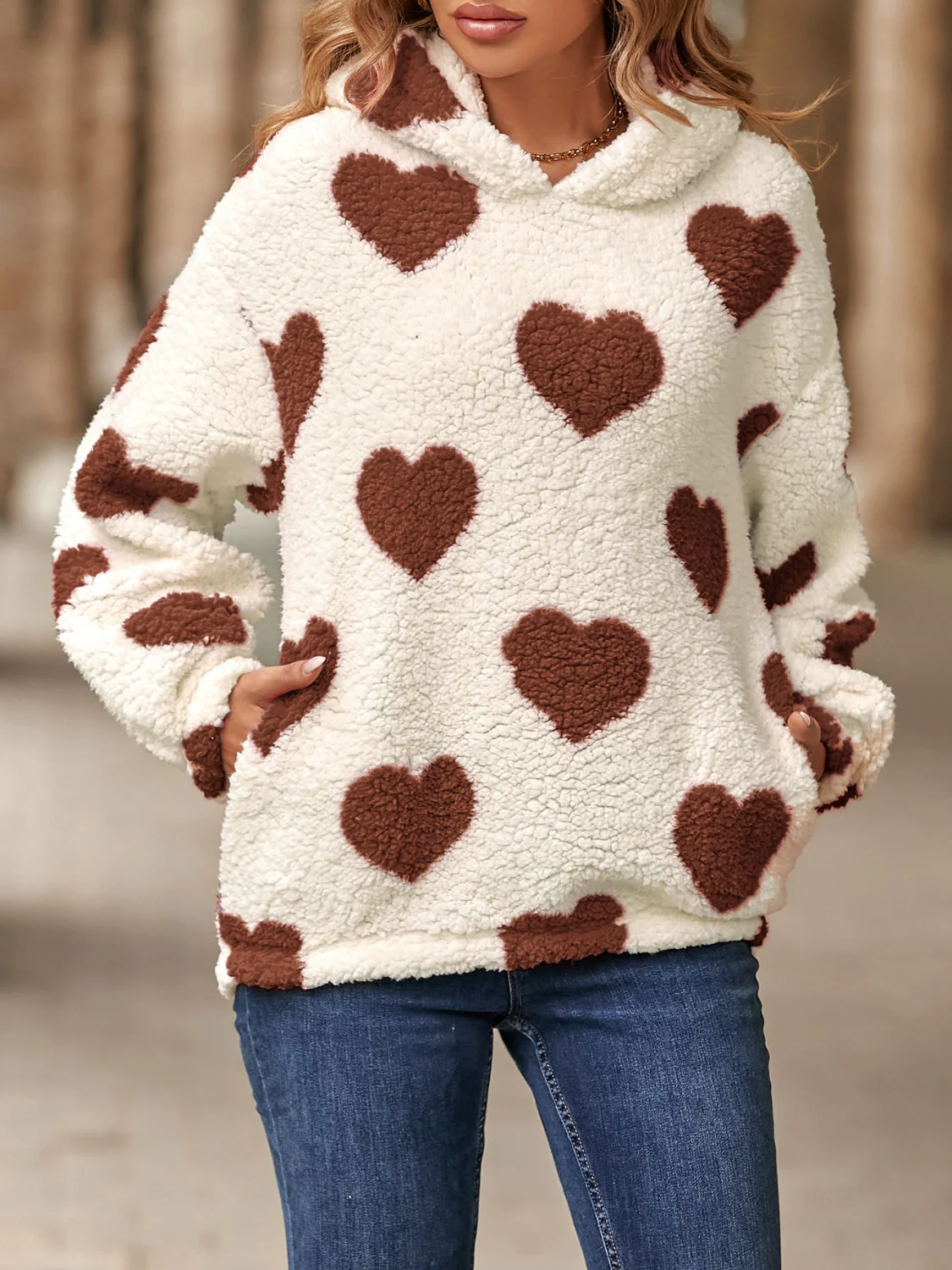 Fuzzy Heart Pocketed Dropped Shoulder Hoodie - Image 10