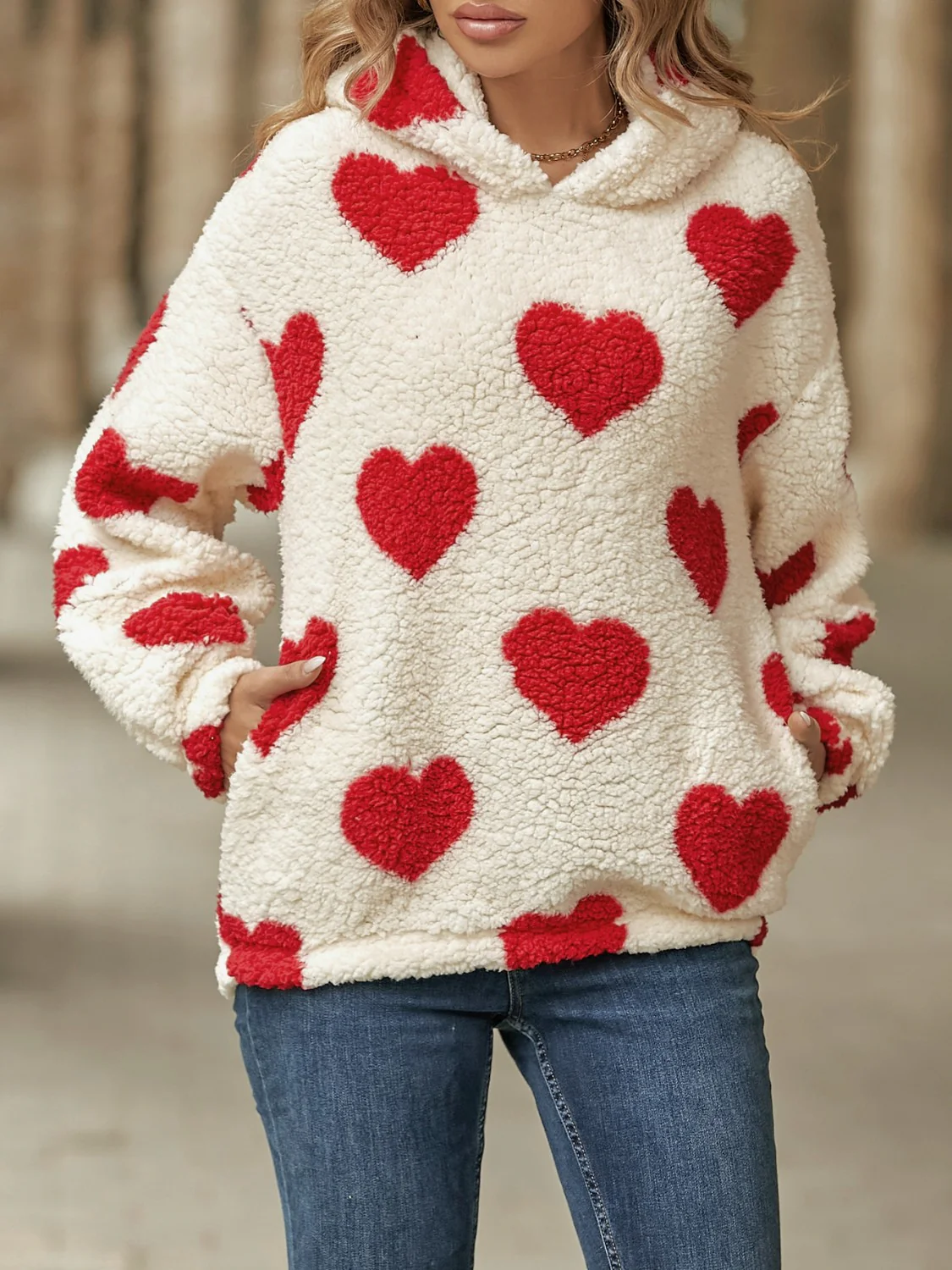 Fuzzy Heart Pocketed Dropped Shoulder Hoodie - Image 4
