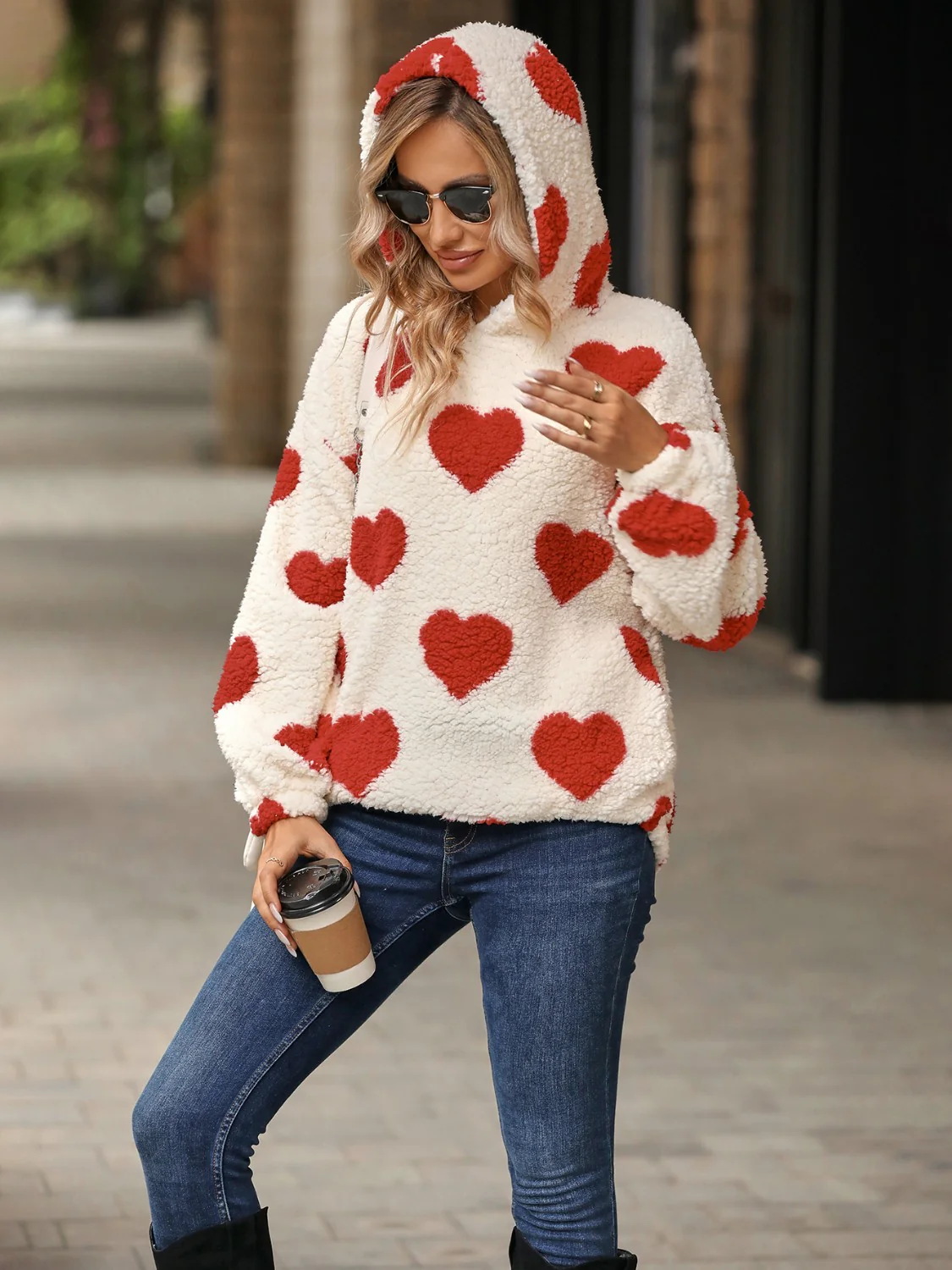 Fuzzy Heart Pocketed Dropped Shoulder Hoodie - Image 7