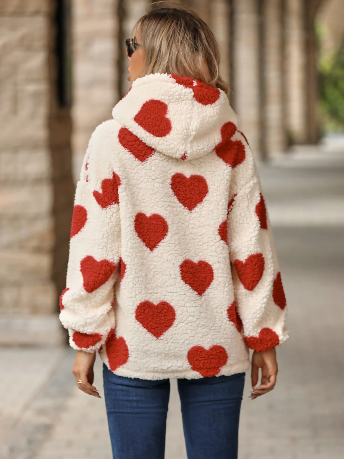 Fuzzy Heart Pocketed Dropped Shoulder Hoodie - Image 8