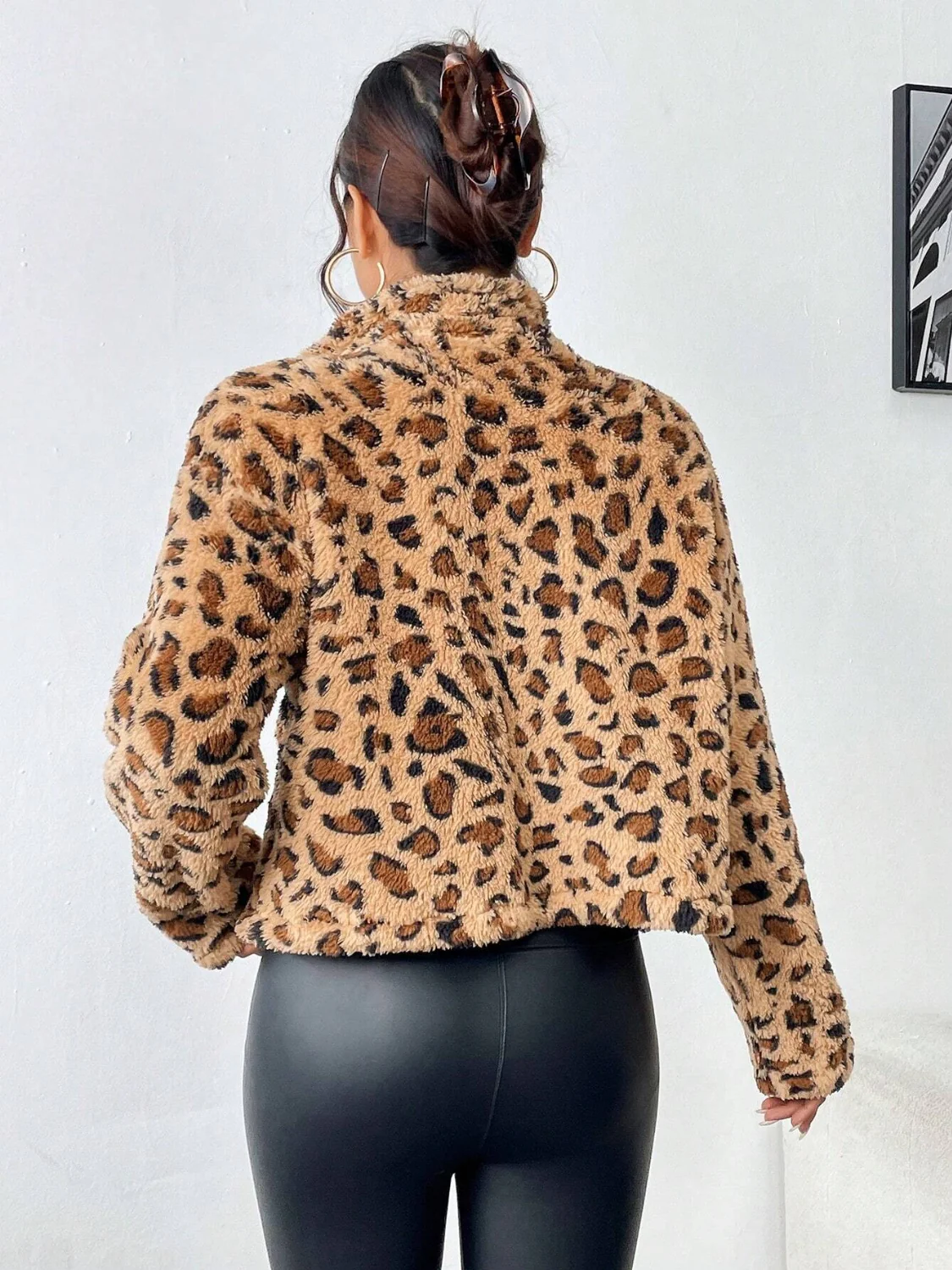 Fuzzy Turtleneck Leopard Zip Up Jacket - Image 3