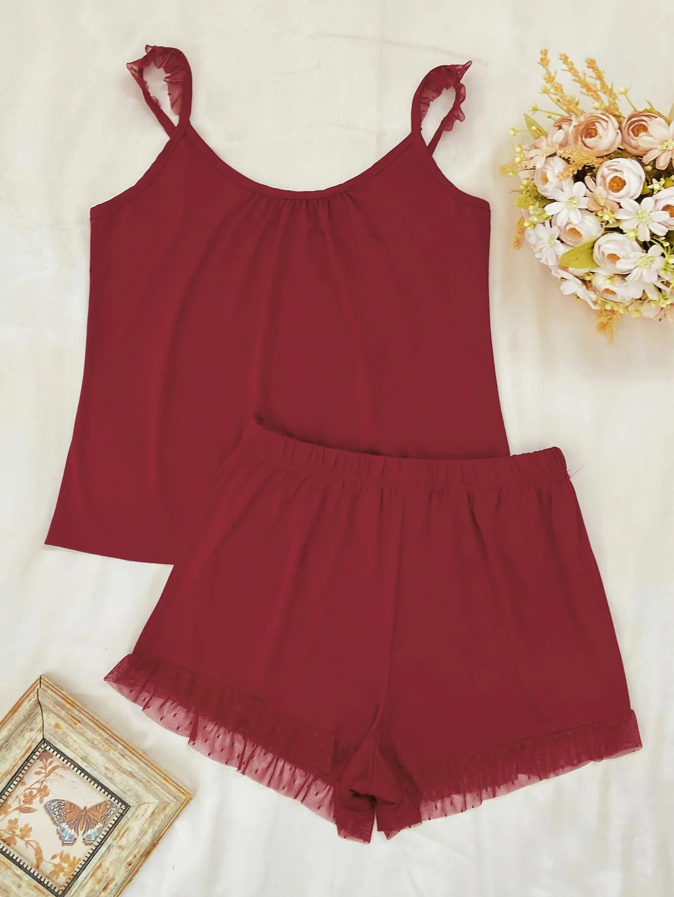 Gathered Detail Spliced Mesh Sleeveless Top and Shorts Lounge Set - Image 6