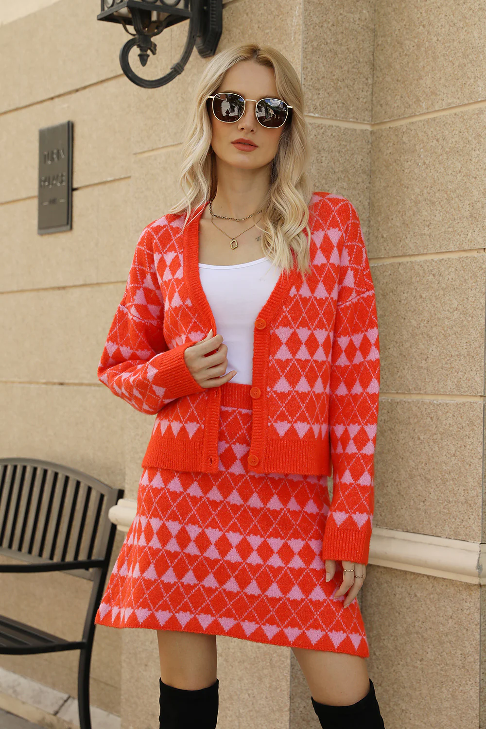 Geometric Button Front Cardigan and Skirt Set - Image 3