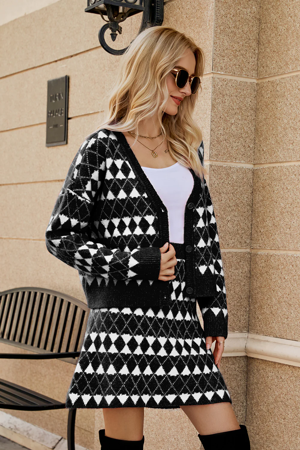Geometric Button Front Cardigan and Skirt Set - Image 6